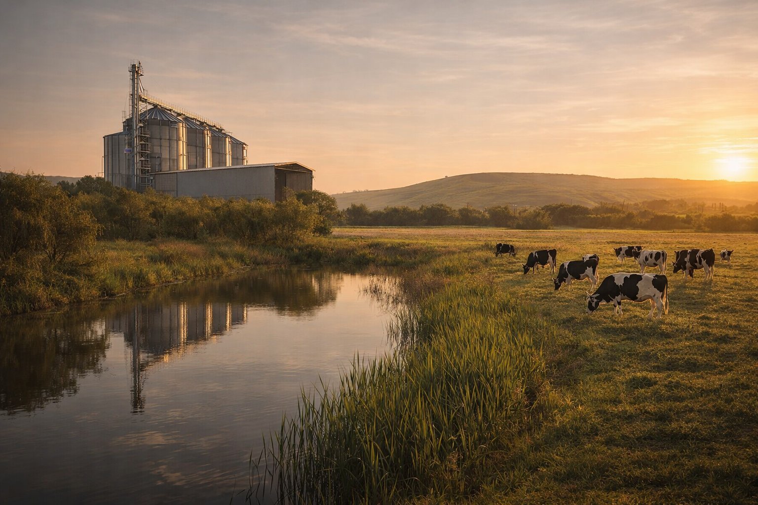 Sunset over rural landscape with grain silos, grazing cattle by a stream, and golden light illuminating the hillside