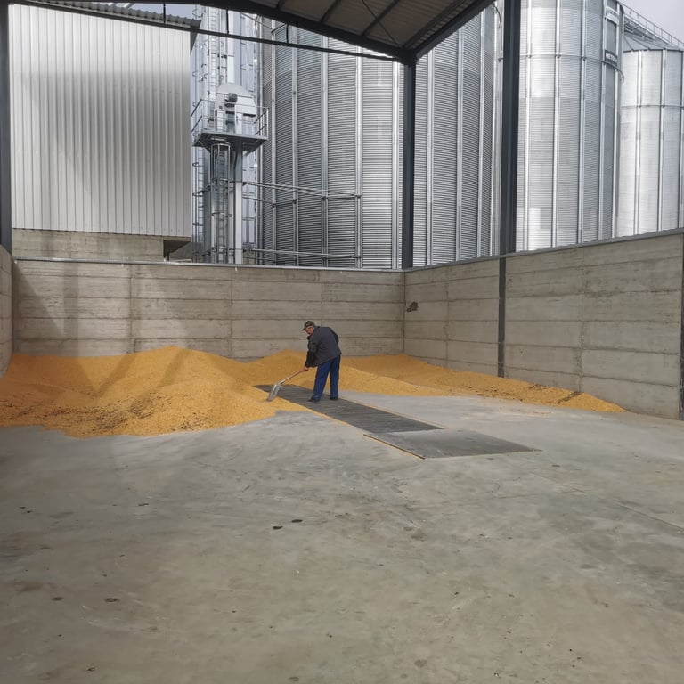 Worker in industrial grain storage facility with large piles of grain and metal silos in background